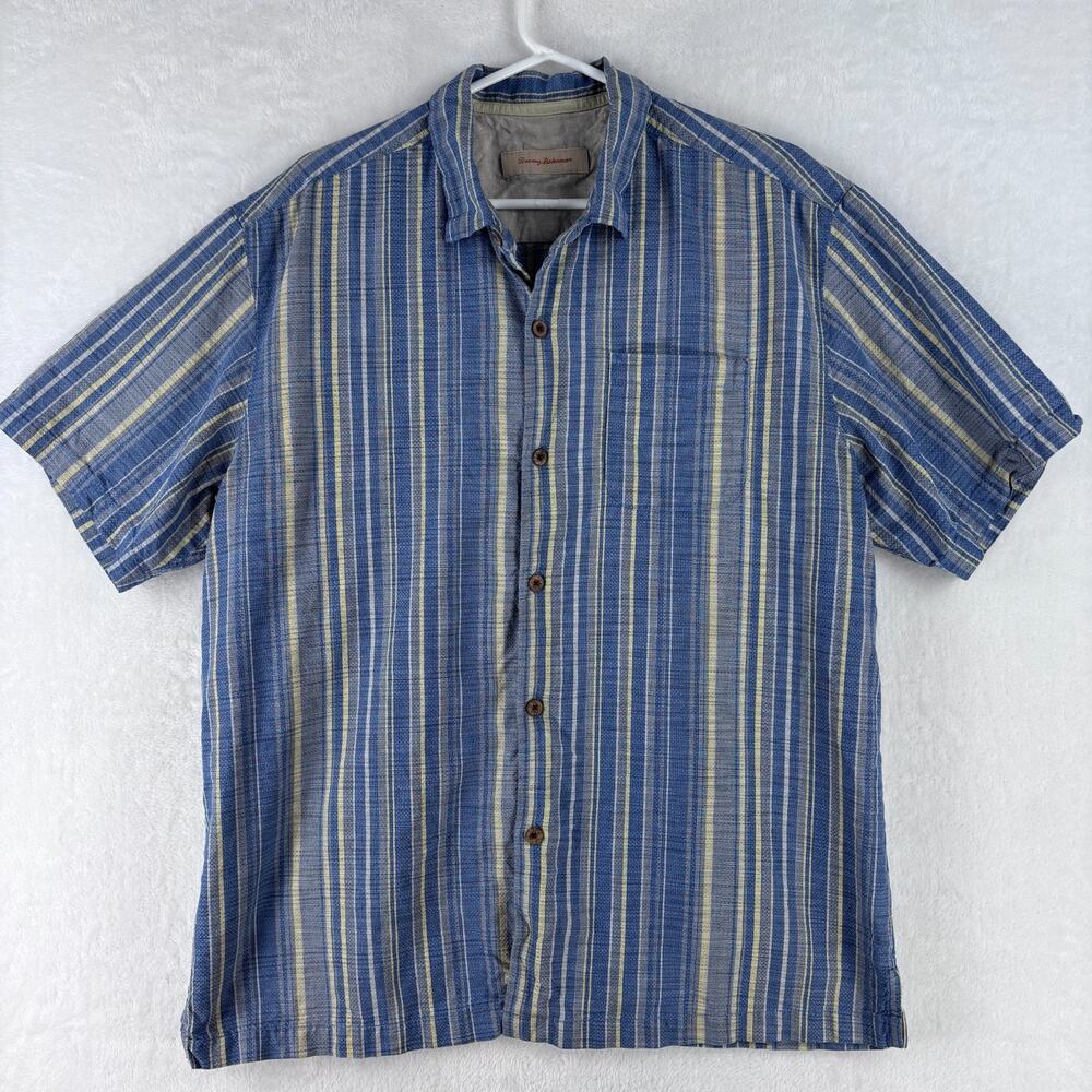 Tommy Bahama Mens XL Striped Short Sleeve Button Camp Shirt Silk Cotton